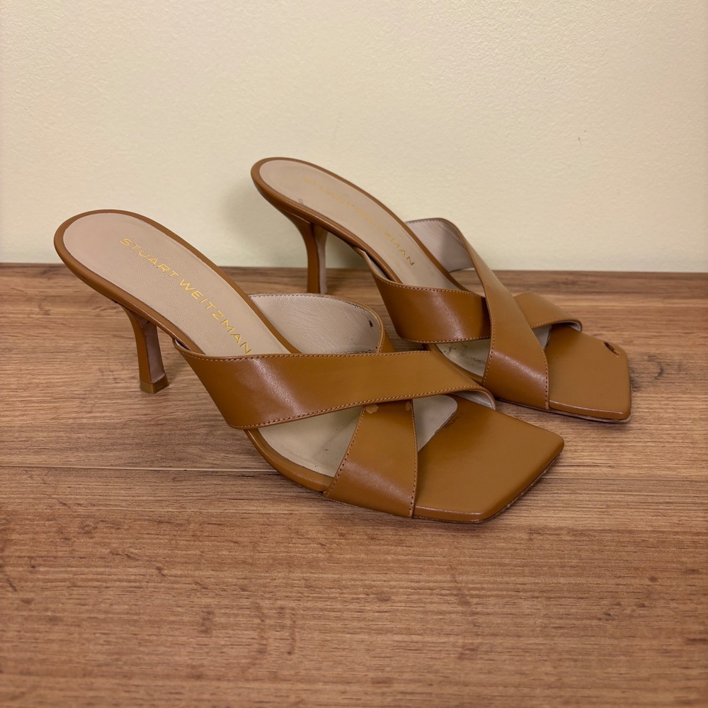STUART WEITZMAN Dayna Sandal‎ Heels Size 8.5 Macchiato Tan Leather Square Toe